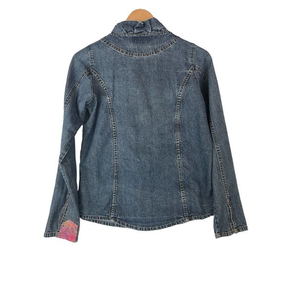 Wrangler Blues Jean Jacket Size Small Ruffles Fitted Denim Split Cuffs Pockets - Picture 3 of 10
